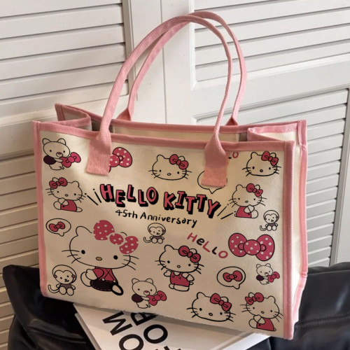 新款卡通kitty單肩包百搭大容量學生帆布包通勤托特外出女禮物包
