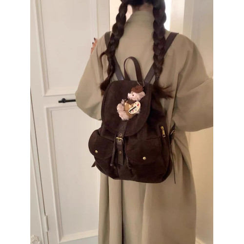 自製小衆絨面韓版休閒雙肩包輕便雙口袋簡約麂皮絨女式後後背包女包