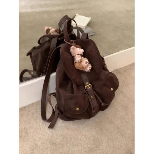 自製小衆絨面韓版休閒雙肩包輕便雙口袋簡約麂皮絨女式後後背包女包