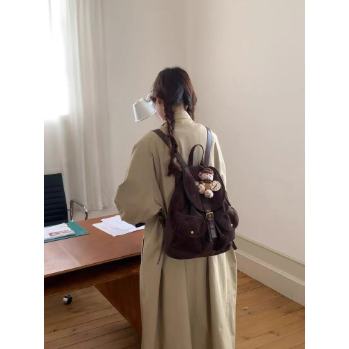 自製小衆絨面韓版休閒雙肩包輕便雙口袋簡約麂皮絨女式後後背包女包