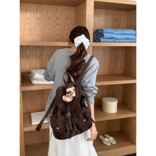 自製小衆絨面韓版休閒雙肩包輕便雙口袋簡約麂皮絨女式後後背包女包