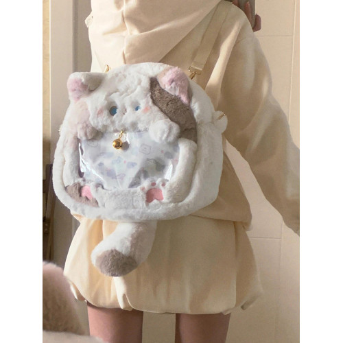 可愛毛絨三花貓咪雙肩痛包2026新款少女追星娃包小食量透明穀子包