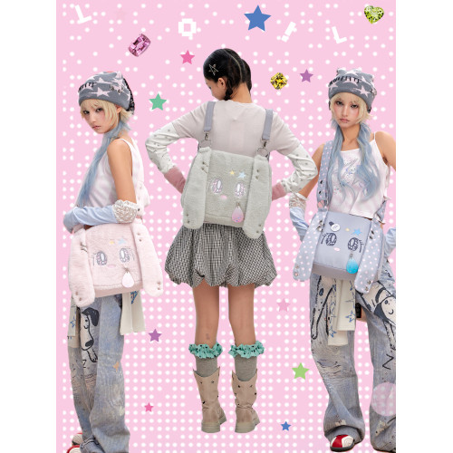 LOLA DESIGN輕亞風古早毛絨兔子斜背雙肩後後背包女韓系ins書包電腦包