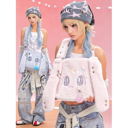 LOLA DESIGN輕亞風古早毛絨兔子斜背雙肩後後背包女韓系ins書包電腦包