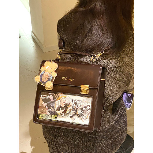 嗚咚小鋪原創日常百搭透明單肩斜背痛包吧唧包包女【 焦糖方巧】