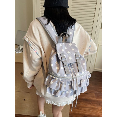 小清新波點書包花邊雙肩書包大學生雙肩包女大容量外出休閒後後背包女