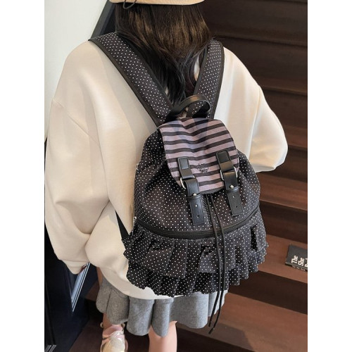 小清新波點書包花邊雙肩書包大學生雙肩包女大容量外出休閒後後背包女