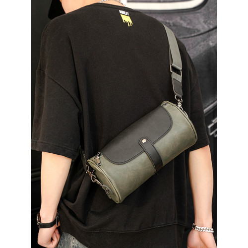 復古潮男時尚單肩包 個性圓筒包潮牌斜後後背包情侶小包繙蓋男士小包