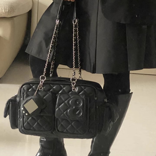 2025秋冬新款菱格復古多口袋單肩斜背機車包大容量簡約通勤手提包