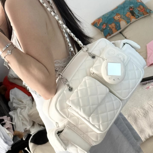 2025秋冬新款菱格復古多口袋單肩斜背機車包大容量簡約通勤手提包