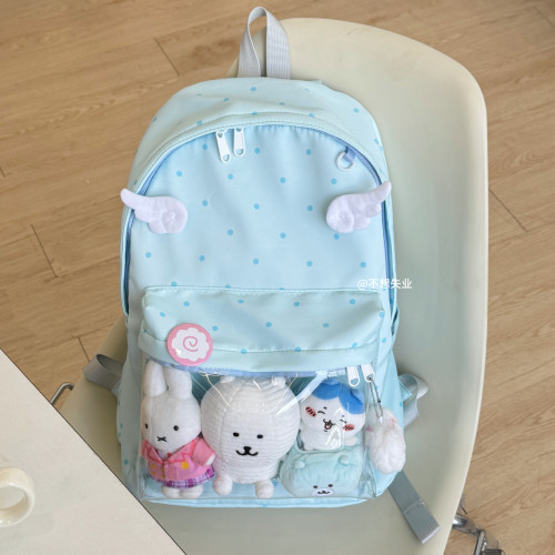 不想失業藍色波點痛包雙肩後後背包古早味書包小食量痛層百搭日系書包