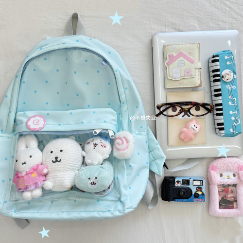 不想失業藍色波點痛包雙肩後後背包古早味書包小食量痛層百搭日系書包