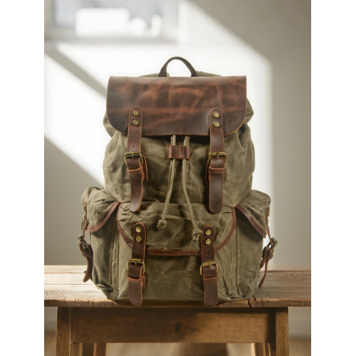 MUCHUAN復古後後背包抽繩男士油蠟帆布包歐美潮流工裝雙肩包學生背囊