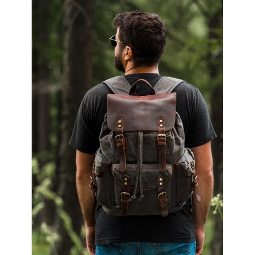 MUCHUAN復古後後背包抽繩男士油蠟帆布包歐美潮流工裝雙肩包學生背囊