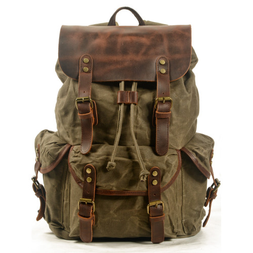 MUCHUAN復古後後背包抽繩男士油蠟帆布包歐美潮流工裝雙肩包學生背囊