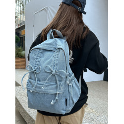 簡約大容量女生雙肩包後後背包校園日系韓版牛仔包包蝴蝶結小清新慵懶