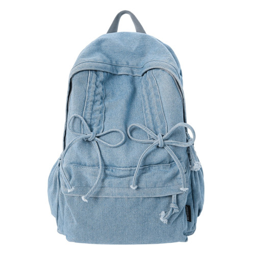 簡約大容量女生雙肩包後後背包校園日系韓版牛仔包包蝴蝶結小清新慵懶