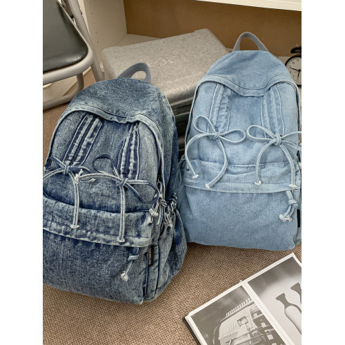 簡約大容量女生雙肩包後後背包校園日系韓版牛仔包包蝴蝶結小清新慵懶