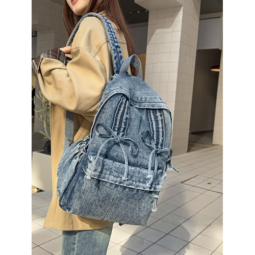 簡約大容量女生雙肩包後後背包校園日系韓版牛仔包包蝴蝶結小清新慵懶