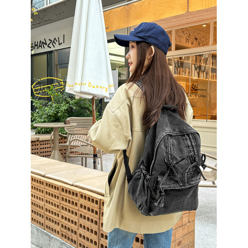 簡約大容量女生雙肩包後後背包校園日系韓版牛仔包包蝴蝶結小清新慵懶