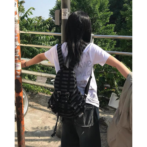 韓系ins同款機能風復古條紋雙肩包新款百搭大容量學生上課休閒包