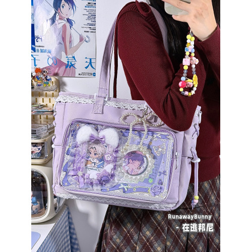 二次元日常百搭蕾絲小食量基礎款穀子吧唧漫展單肩斜後後背包透明痛包