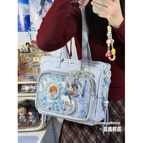 二次元日常百搭蕾絲小食量基礎款穀子吧唧漫展單肩斜後後背包透明痛包