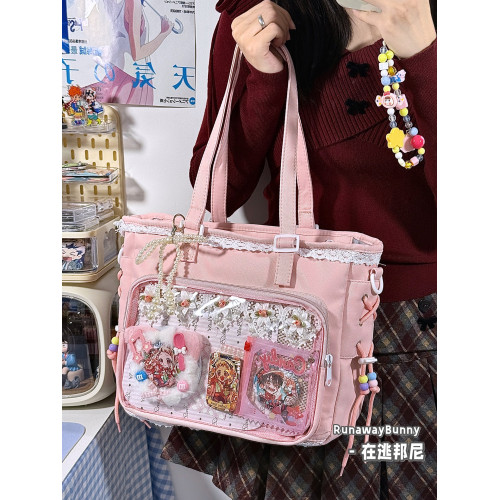 二次元日常百搭蕾絲小食量基礎款穀子吧唧漫展單肩斜後後背包透明痛包