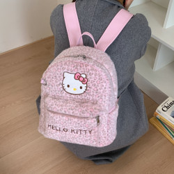 粉色豹紋毛絨kt貓雙肩包女學生大容量書包卡通凱蒂貓百搭出行後後背包