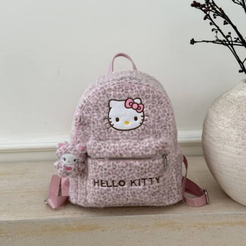 粉色豹紋毛絨kt貓雙肩包女學生大容量書包卡通凱蒂貓百搭出行後後背包