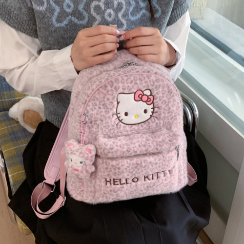 粉色豹紋毛絨kt貓雙肩包女學生大容量書包卡通凱蒂貓百搭出行後後背包