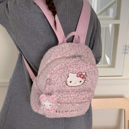 粉色豹紋毛絨kt貓雙肩包女學生大容量書包卡通凱蒂貓百搭出行後後背包