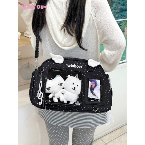 原創韓系追星小食量痛包斜後後背包包大容量波點日常款外出小娃包黑色 原創韓系追星小食量痛包斜後後背包包大容量波點日常款外出小娃包黑色