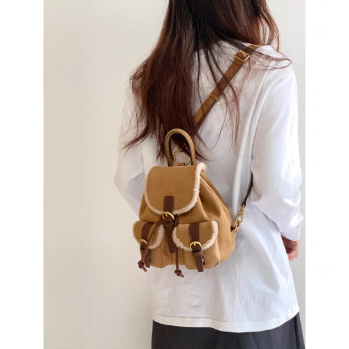 osun 雙肩包女韓版秋冬新款羊羔毛鹿皮絨小衆百搭多口袋小後後背包女