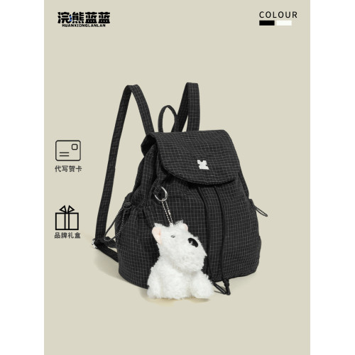 浣熊藍藍韓系格子抽繩雙肩包女生2026新款後後背包旅行通勤休閒小書包