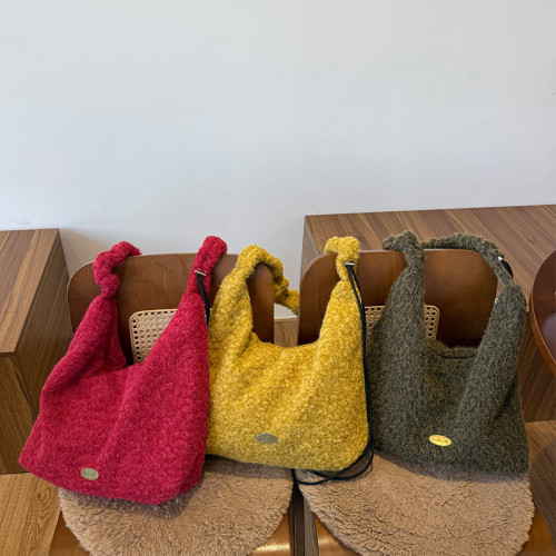 秋冬新品抽繩包包毛絨韓版小衆百搭托特包時尚百搭包包