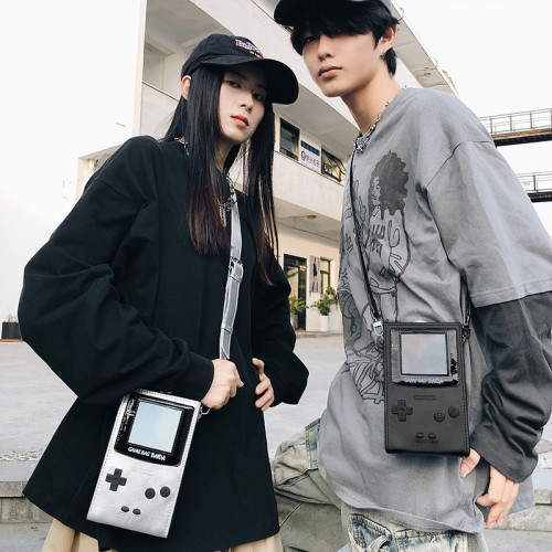 日系復古斜後後背包創意包包遊戯機挎包潮牌單肩包男女個性硬殼盒子包