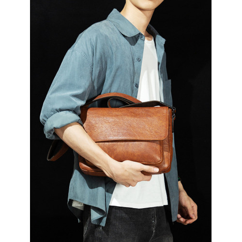 手工擦色真皮單肩包植鞣皮斜背通勤風郵差包復古頭層牛皮男包輕奢