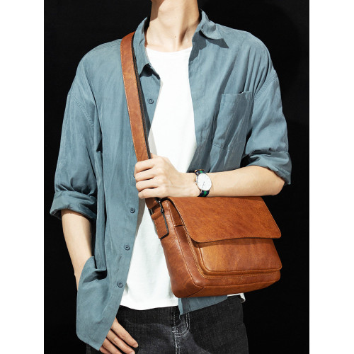 手工擦色真皮單肩包植鞣皮斜背通勤風郵差包復古頭層牛皮男包輕奢