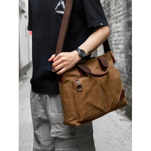 帆布斜後後背包男電腦包潮流大容量挎包復古通勤商務手提包斜後後背包男包