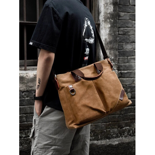 帆布斜後後背包男電腦包潮流大容量挎包復古通勤商務手提包斜後後背包男包