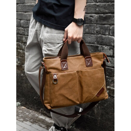 帆布斜後後背包男電腦包潮流大容量挎包復古通勤商務手提包斜後後背包男包