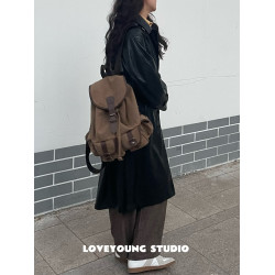 loveyoung鬍椒鹽後後背包 無性別主義棕色帆布徒步雙肩包傘兵包男女