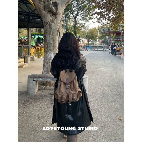loveyoung鬍椒鹽後後背包 無性別主義棕色帆布徒步雙肩包傘兵包男女
