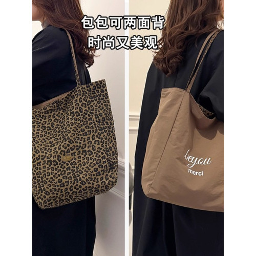 雙面背豹紋帆布包大容量韓系慵懶風2025新款秋冬麂皮絨手提單肩包