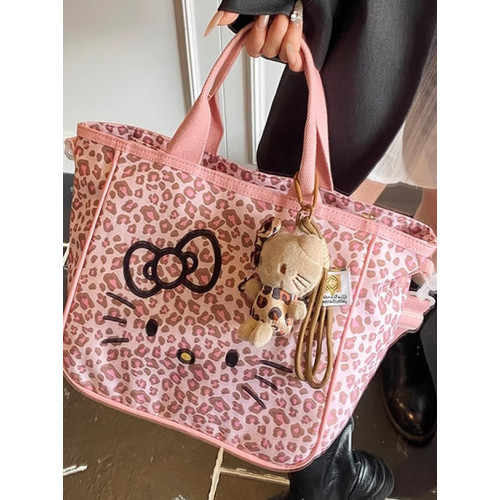 新款凱蒂貓包，夏季可愛卡通豹紋粉色大容量通勤手提包斜背托特包