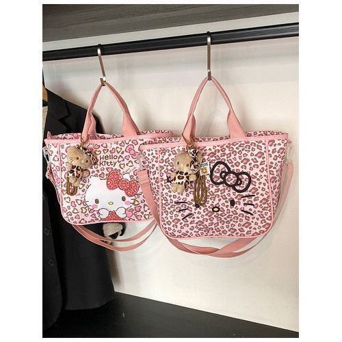 新款凱蒂貓包，夏季可愛卡通豹紋粉色大容量通勤手提包斜背托特包