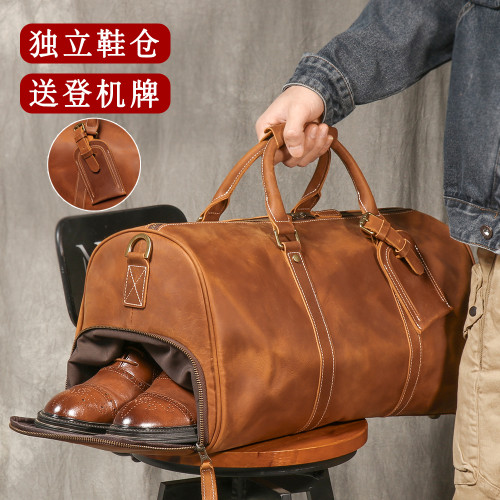 復古男士手提行李袋歐美瘋馬皮出差旅行包頭層牛皮大容量單肩斜背
