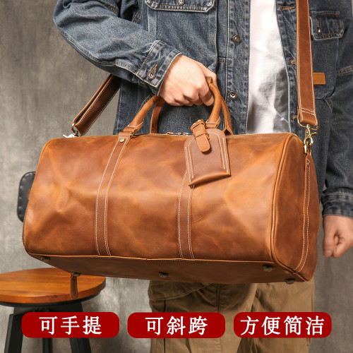 復古男士手提行李袋歐美瘋馬皮出差旅行包頭層牛皮大容量單肩斜背