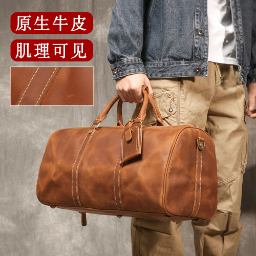 復古男士手提行李袋歐美瘋馬皮出差旅行包頭層牛皮大容量單肩斜背